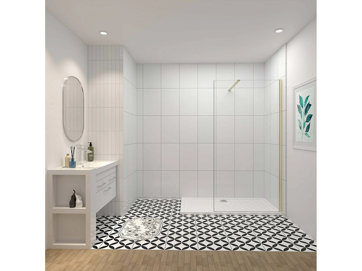 Inloopdouche-douchewand-walk in 8mm NANO EasyClean veiligheidsglas，50x200cm+N-vorm: 140 Stabilisatiestang,gouden profiel