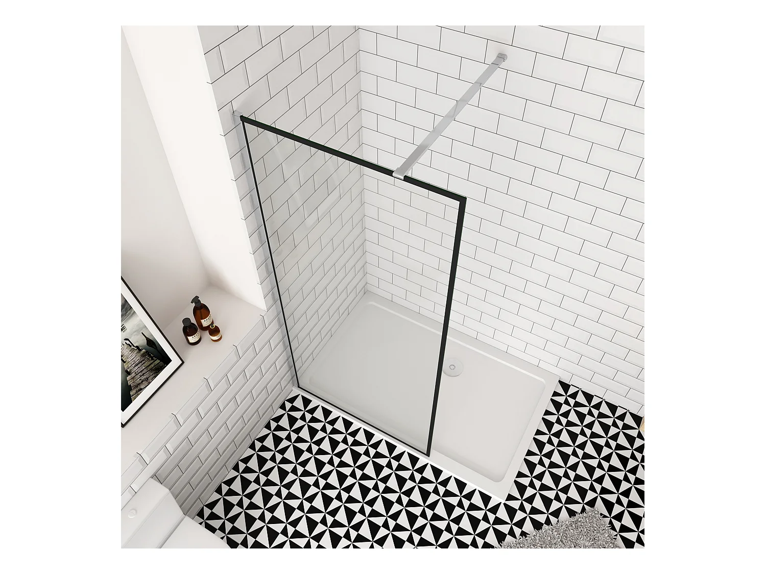 100x200cm inloopdouche-douchecabine,8mm zwart raster gehard gezeefdrukt glas,Easyclean,antikalk,stabilisatiestang 90cm(kan worden gesneden),glanzend chroom profiel