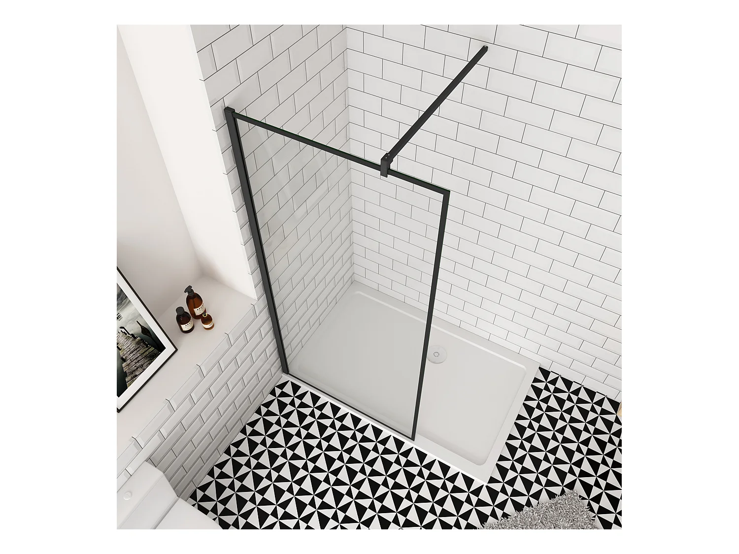 140x200cm inloopdouche-douchecabine,8 mm mat zwart kader en raste gehard glas,eenvoudig te reinigen,antikalk,stabilisatiestang 90cm (snijdbaar),mat zwart profiel