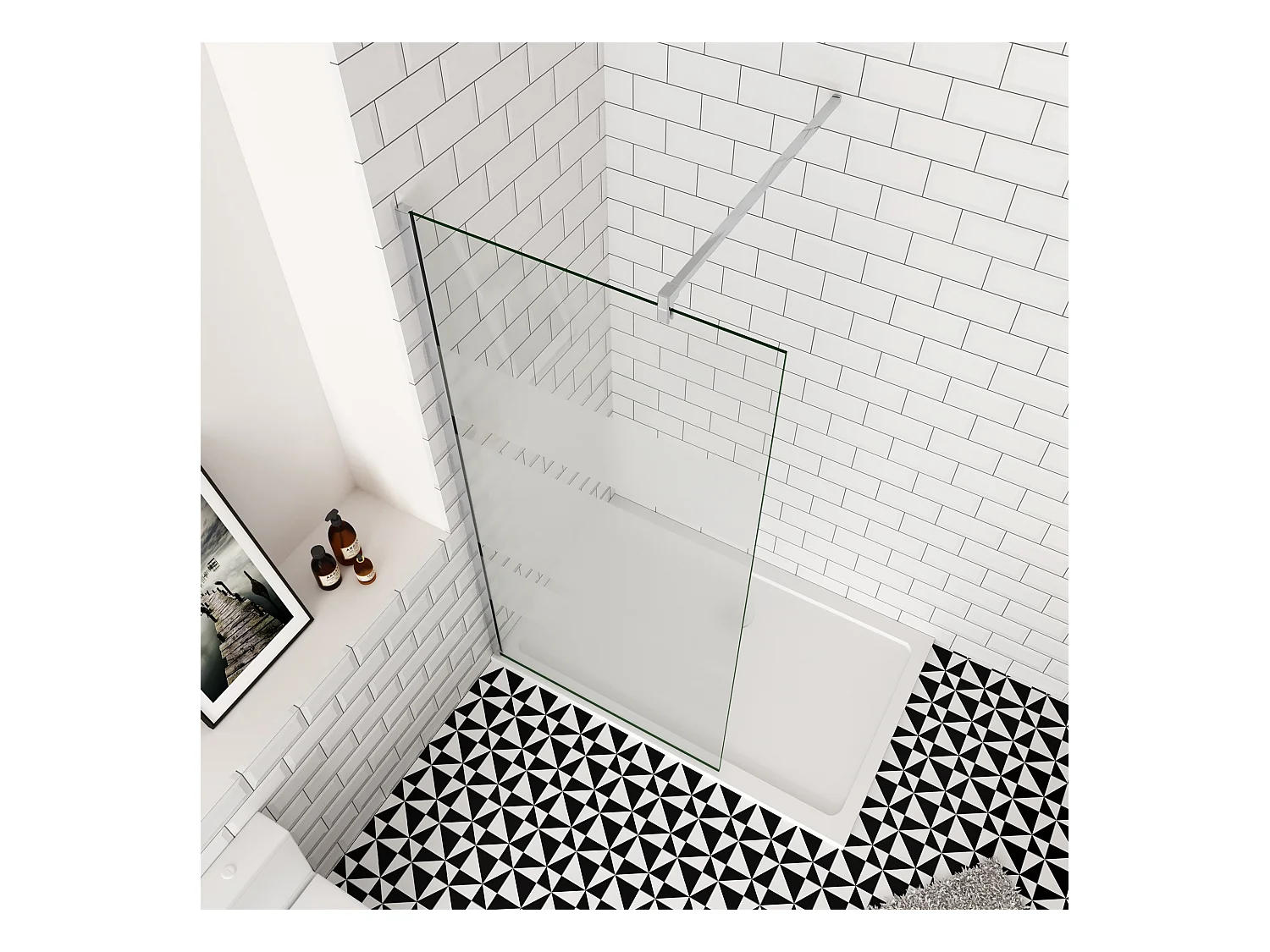 Inloopdouche-douchewand-walk in 6mm NANO EasyClean veiligheidsglas，140x190cm+F-Form:90cm Stabilisatiestang,glanzend chroom profiel