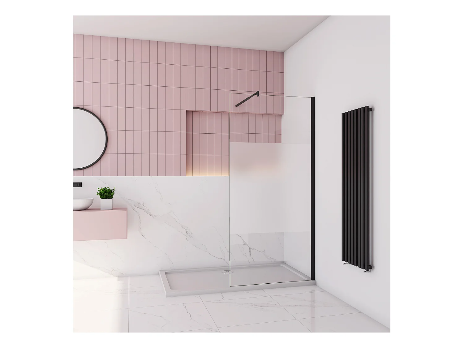 Inloopdouche-douchewand-walk in 120x200 cm,8mm midden wit gematteerd gehard glas met explosieveilige folie+70-120cm Stabilisatiestang,mat zwart aluminium profiel.