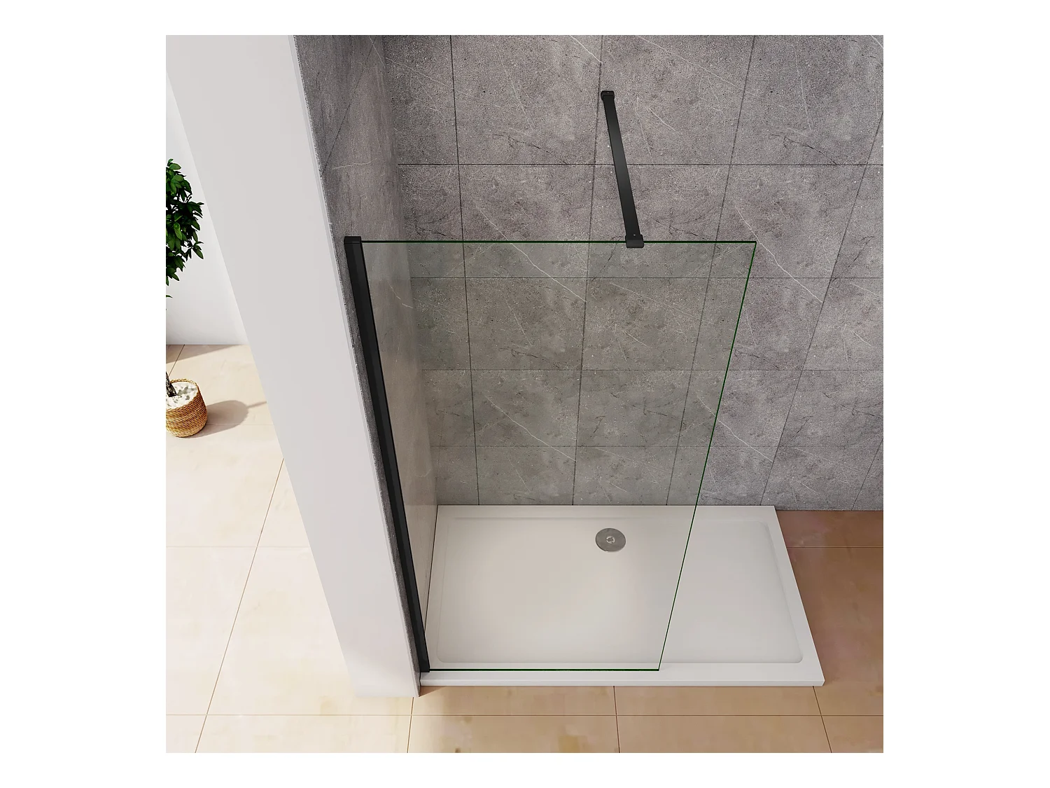 Inloopdouche-douchewand-walk in 8mm NANO EasyClean veiligheidsglas，160x200cm+N-vorm: 140 Stabilisatiestang,mat zwart aluminium profiel.