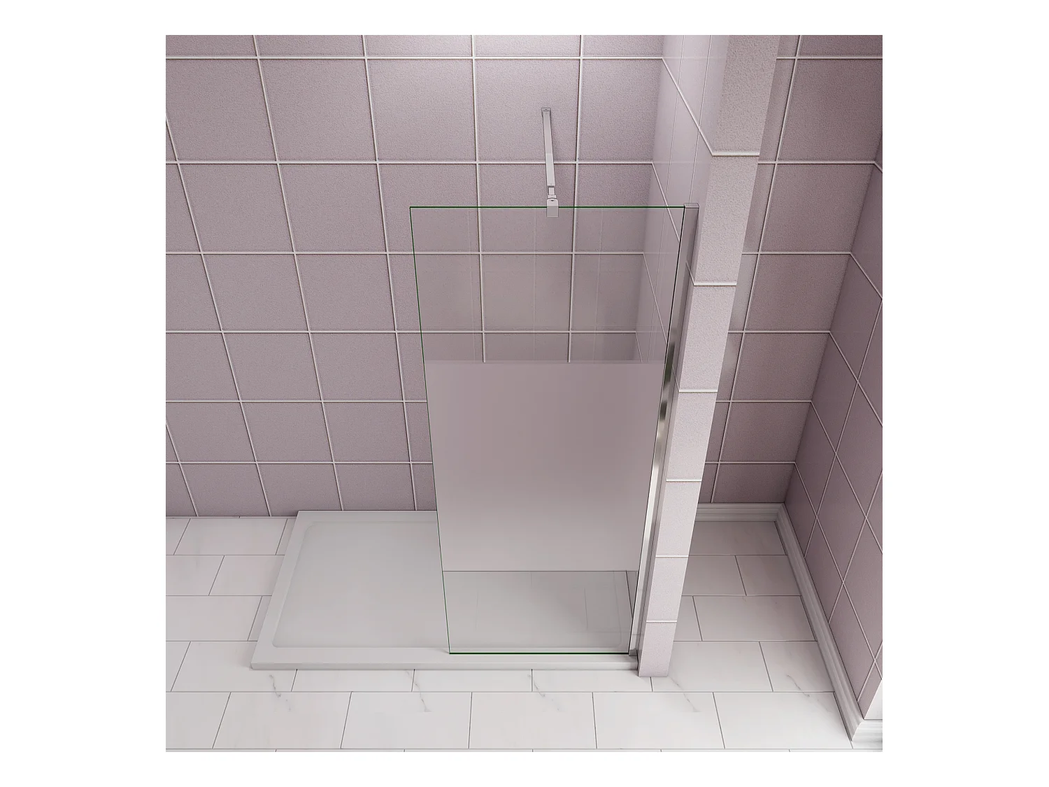 Inloopdouche-douchewand-walk in 110x200 cm,10mm midden wit gematteerd gehard glas met explosieveilige folie+73-120cm Stabilisatiestang,glanzend chroom profiel