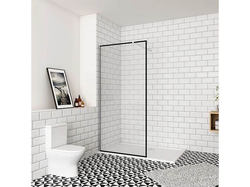 100x200cm inloopdouche-douchecabine,8mm mat zwart kader en raste gehard glas,Easyclean,antikalk,stabilisatiestang 73-120cm(verstelbaar),glanzend chroom profiel