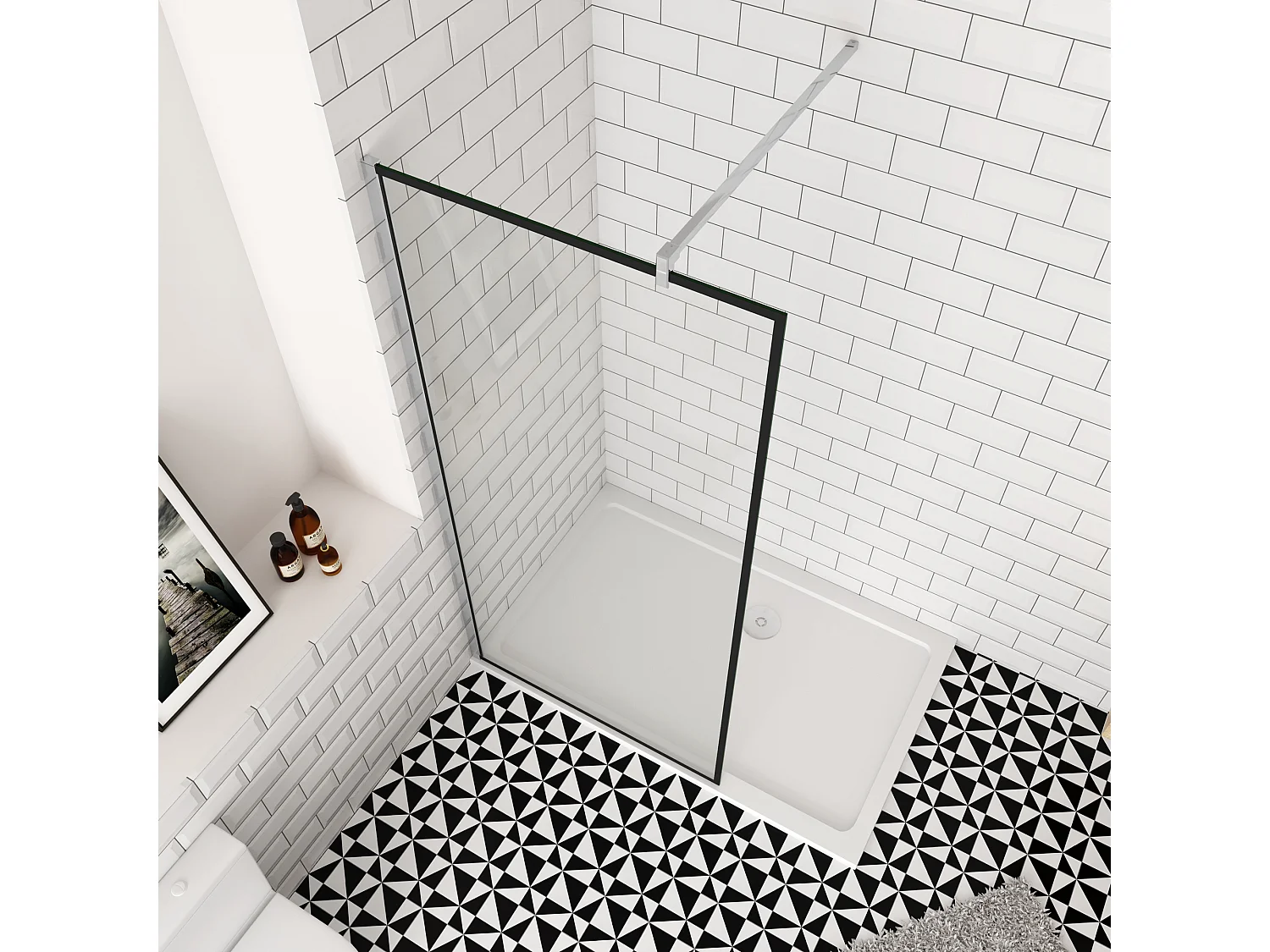 80x200cm inloopdouche-douchecabine,8mm mat zwart kader en raste gehard glas,eenvoudig te reinigen,antikalk,stabilisatiestang 90cm(snijdbaar),glanzend chroom profiel