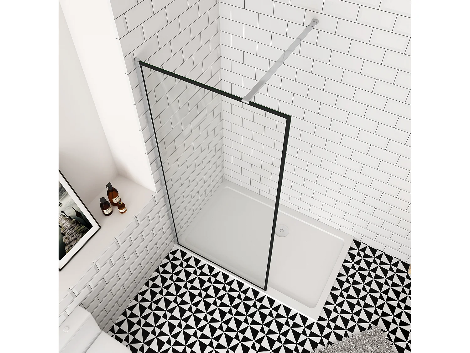 140x200cm inloopdouche-douchecabine,8mm zwart raster gehard gezeefdrukt glas,Easyclean,antikalk,stabilisatiestang 140cm(kan worden gesneden),glanzend chroom profiel