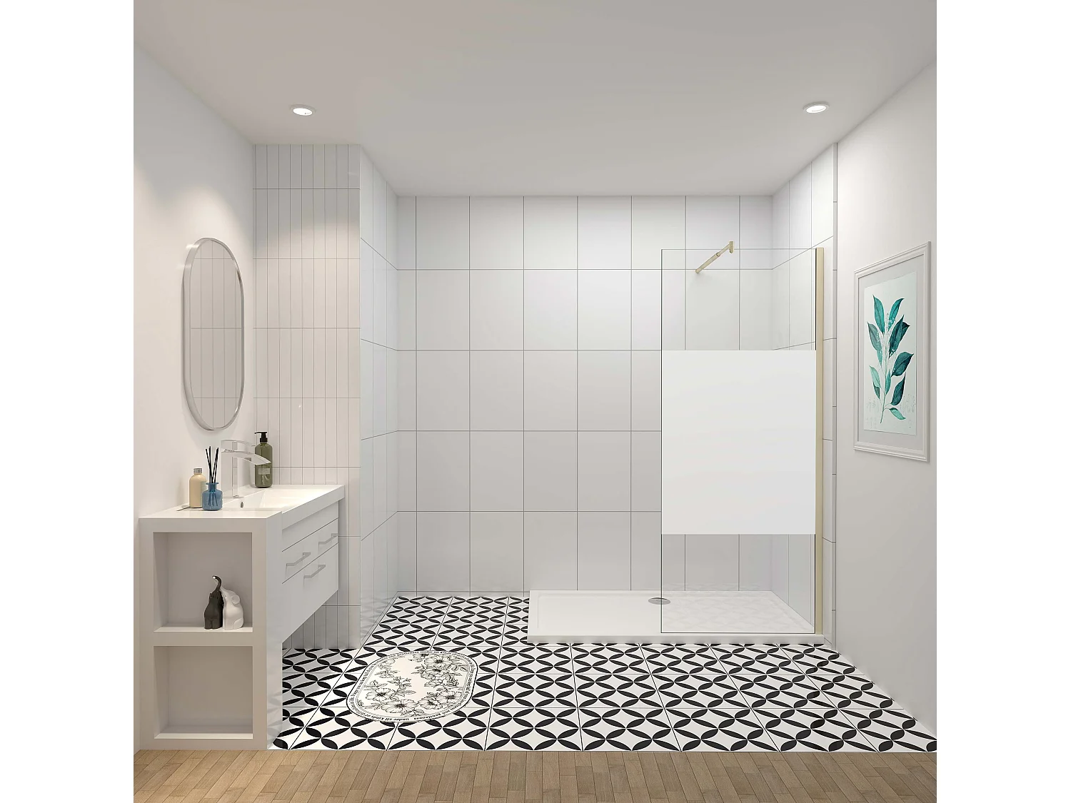 Inloopdouche-douchewand-walk in 80x200 cm,10mm midden wit gematteerd gehard glas met explosieveilige folie+70-120cm Stabilisatiestang,gouden profiel