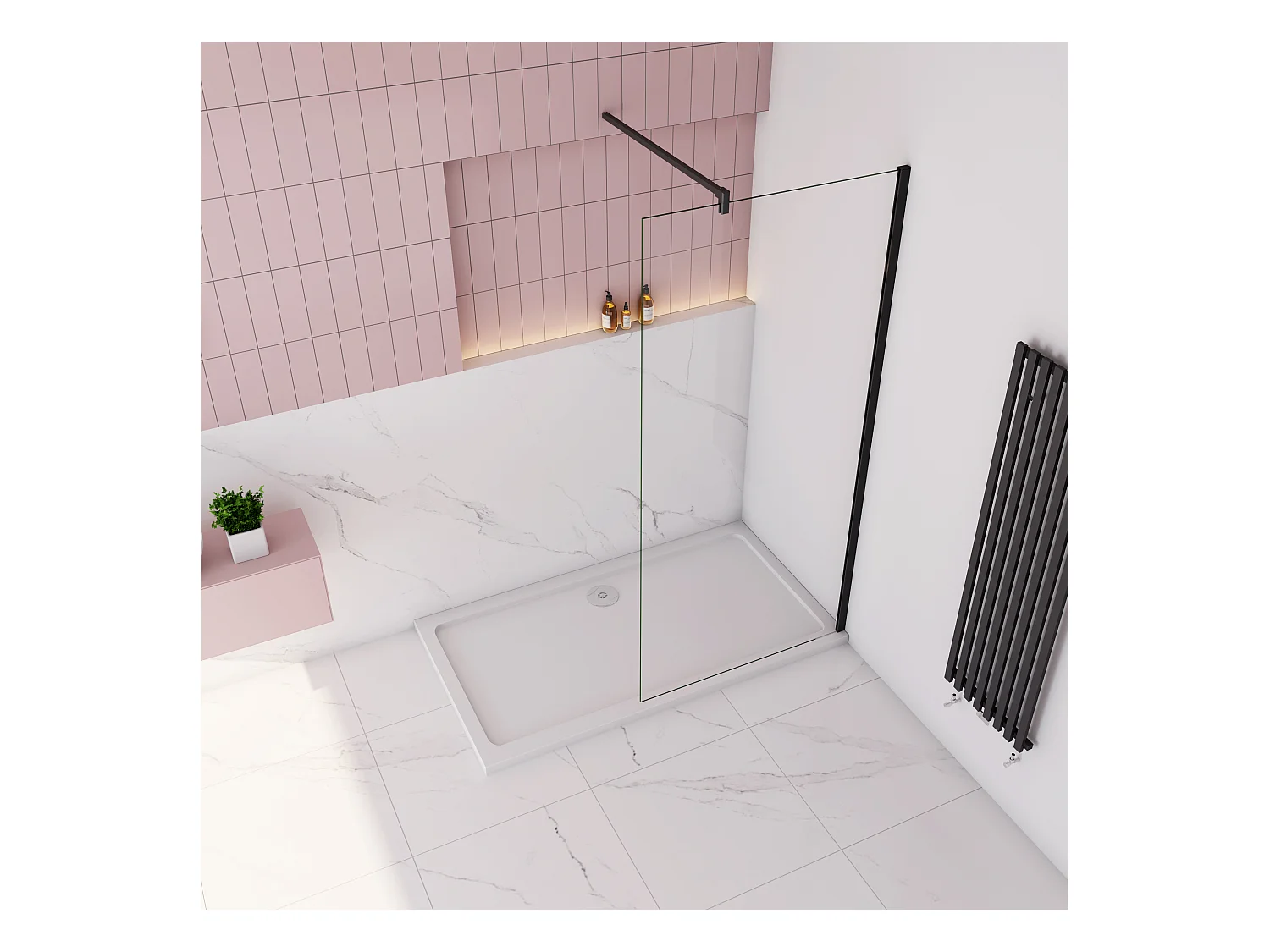 Inloopdouche-douchewand-walk in 10mm NANO EasyClean veiligheidsglas，60x200cm+F-vorm: 90 Stabilisatiestang,mat zwart aluminium profiel.