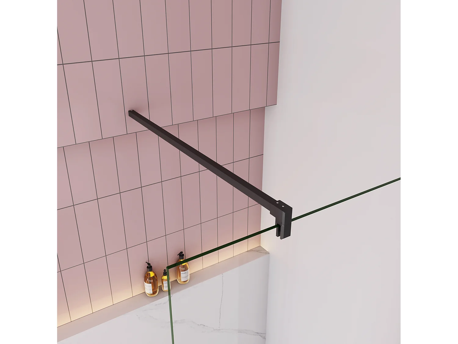 Inloopdouche-douchewand-walk in 10mm NANO EasyClean veiligheidsglas，60x200cm+F-vorm: 90 Stabilisatiestang,mat zwart aluminium profiel.