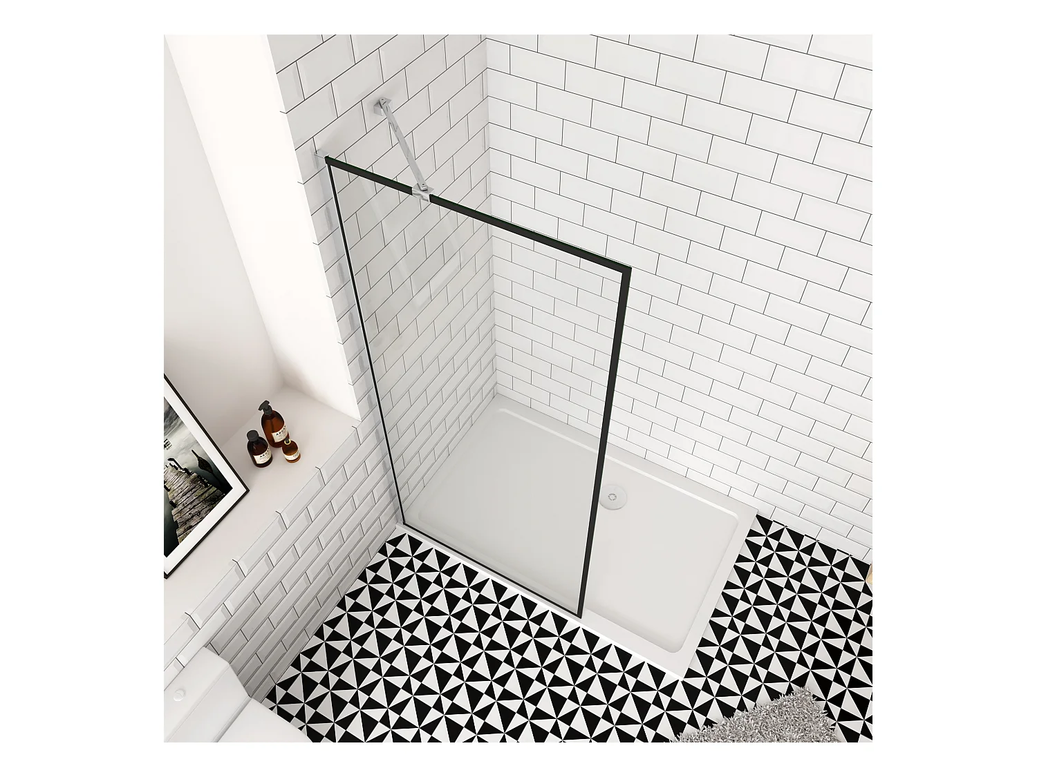 90x200cm inloopdouche-douchecabine,8mm mat zwart kader en raste gehard glas,makkelijk schoon te maken,antikalk,stabilisatiestang 45cm,glanzend chroom profiel