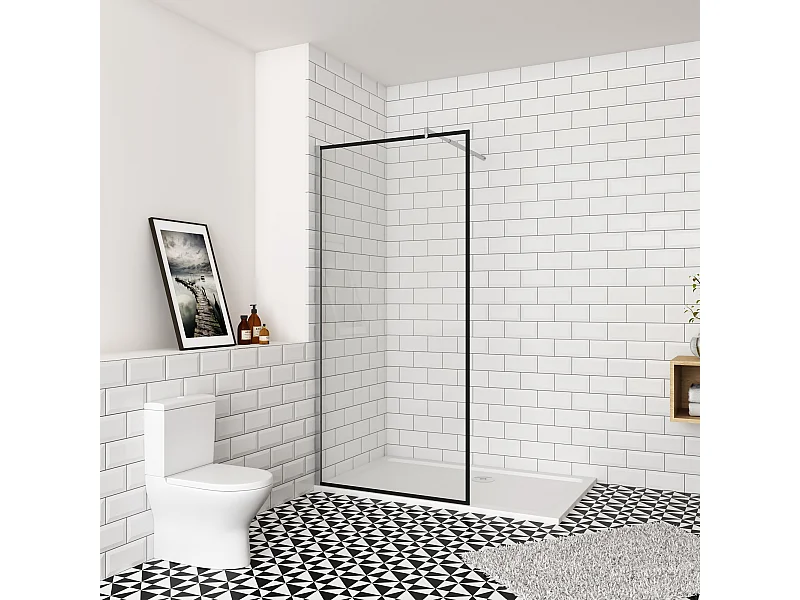 80x200cm inloopdouche-douchecabine,8mm mat zwart kader en raste gehard glas,Easyclean,antikalk,stabilisatiestang 70-120cm(verstelbaar),glanzend chroom profiel