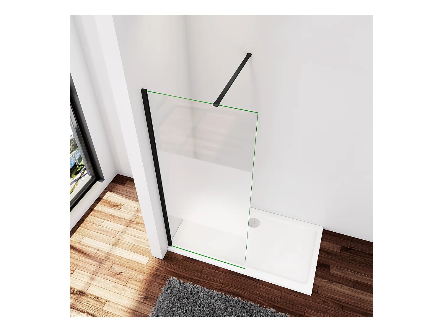 Inloopdouche-douchewand-walk in 85x200 cm,8mm midden wit gematteerd gehard glas met explosieveilige folie+N-vorm: 140 Stabilisatiestang,mat zwart aluminium profiel.