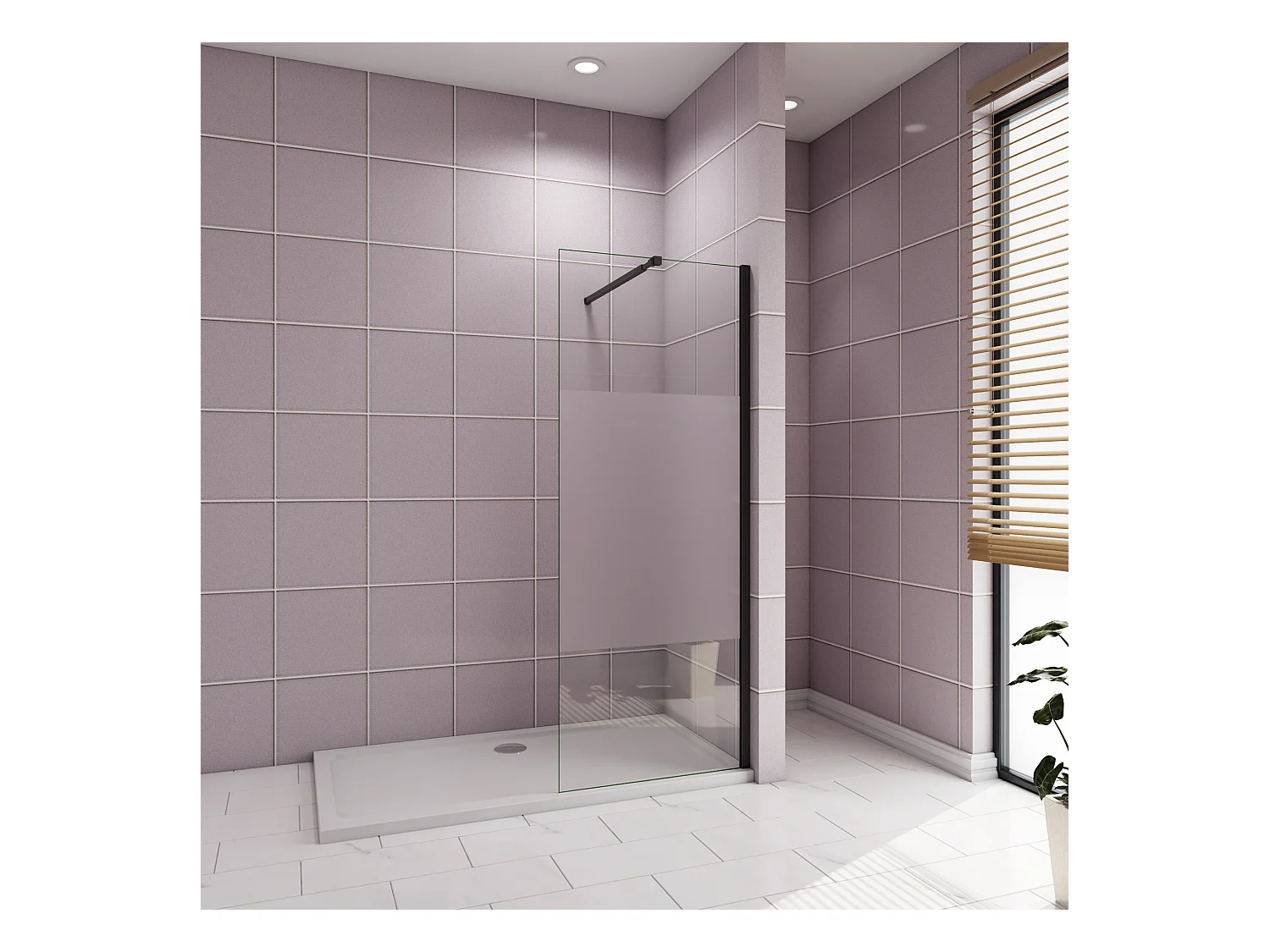 Inloopdouche-douchewand-walk in 80x200 cm,10mm midden wit gematteerd gehard glas met explosieveilige folie+73-120cm Stabilisatiestang,mat zwart aluminium profiel.