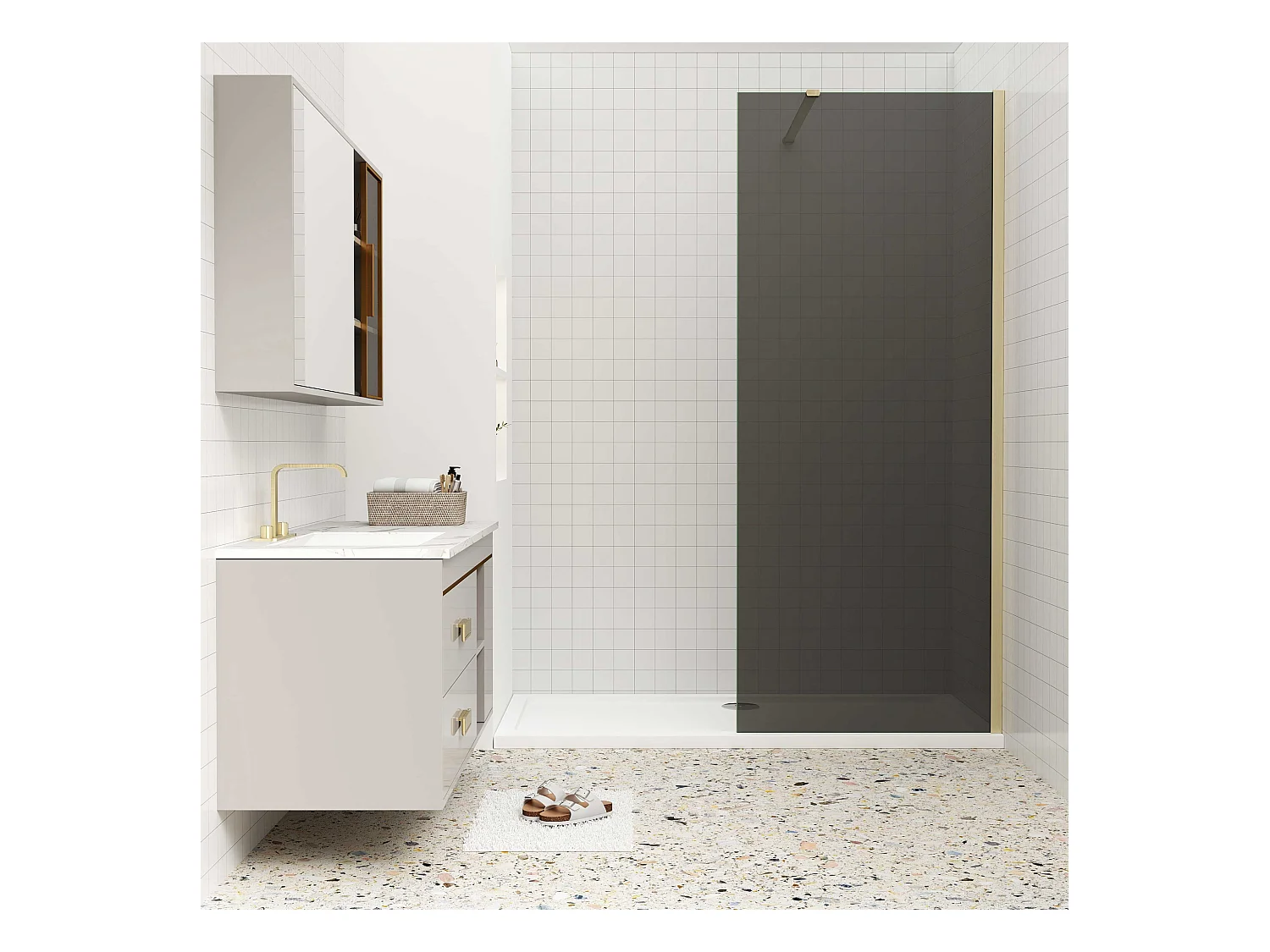 Inloopdouche goud beschermfolie,100x200cm hoog,8mm EasyClean veiligheidsglas,Stabilisatiestang Norm:90cm,gouden profiel.