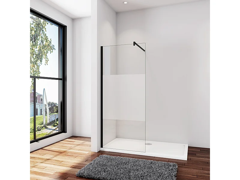 Inloopdouche-douchewand-walk in 120x200 cm,8mm midden wit gematteerd gehard glas met explosieveilige folie+F-vorm: 90 Stabilisatiestang,mat zwart aluminium profiel.