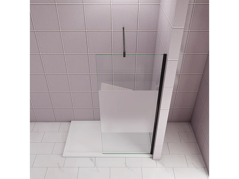 Inloopdouche-douchewand-walk in 90x200 cm,10mm midden wit gematteerd gehard glas met explosieveilige folie+F-vorm: 90 Stabilisatiestang,mat zwart aluminium profiel.