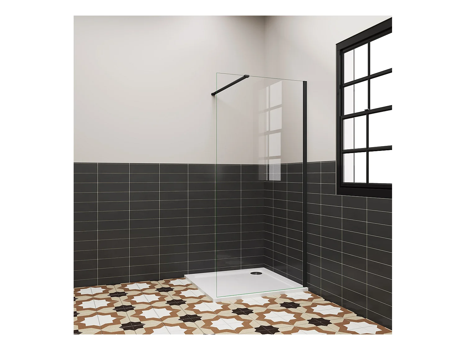 Douchewand Inloopdouche 86x185cm,6 mm helder EasyClean veiligheidsglas,mat zwart aluminium frame,stabilisatorstang 140 cm