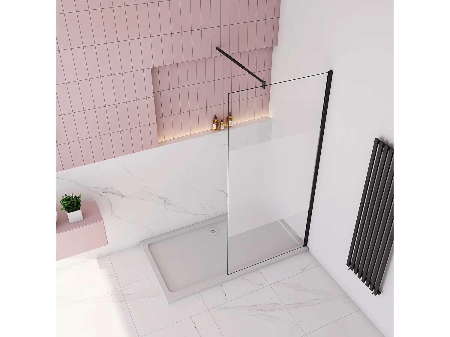 Inloopdouche-douchewand-walk in 100x200 cm,8mm midden wit gematteerd gehard glas met explosieveilige folie+70-120cm Stabilisatiestang,mat zwart aluminium profiel.