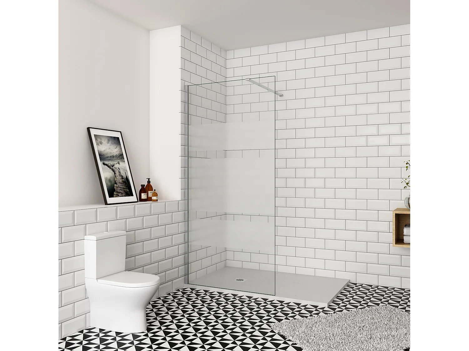 Inloopdouche-douchewand-walk in 6mm NANO EasyClean veiligheidsglas，70x190cm+N-Form:90cm Stabilisatiestang,glanzend chroom profiel