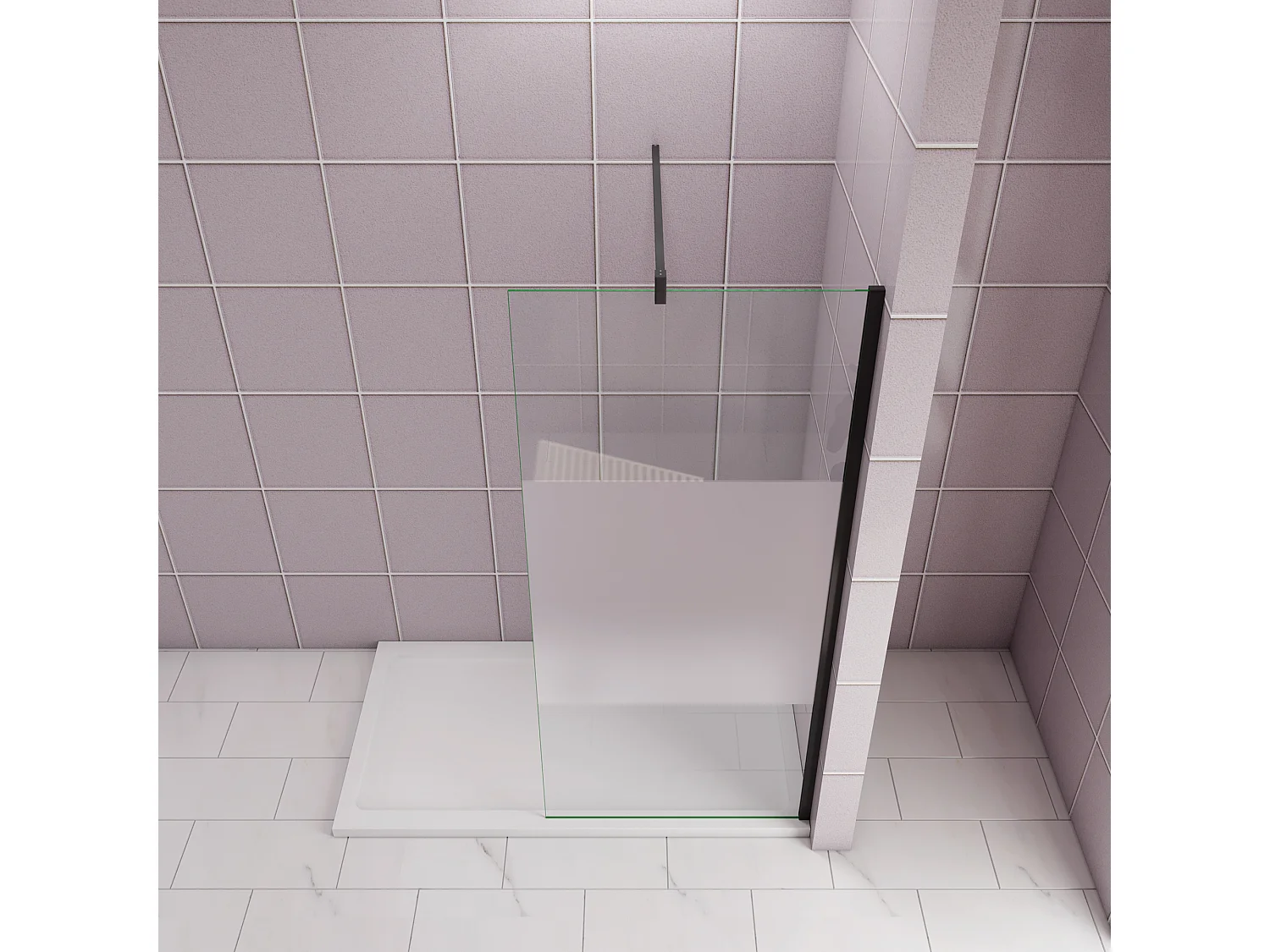 Inloopdouche-douchewand-walk in 70x200 cm,10mm midden wit gematteerd gehard glas met explosieveilige folie+F-vorm: 90 Stabilisatiestang,mat zwart aluminium profiel.