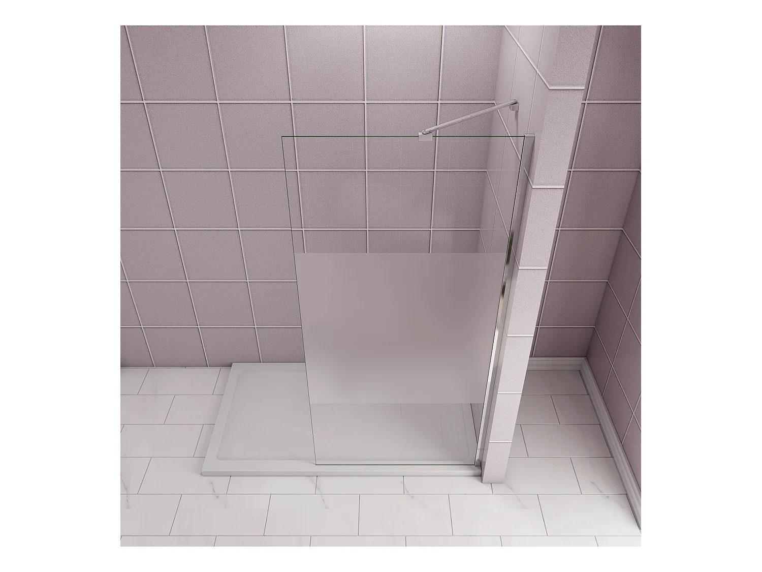 Inloopdouche-douchewand-walk in 90x200 cm,8mm midden wit gematteerd gehard glas met explosieveilige folie+45cm Stabilisatiestang,glanzend chroom profiel