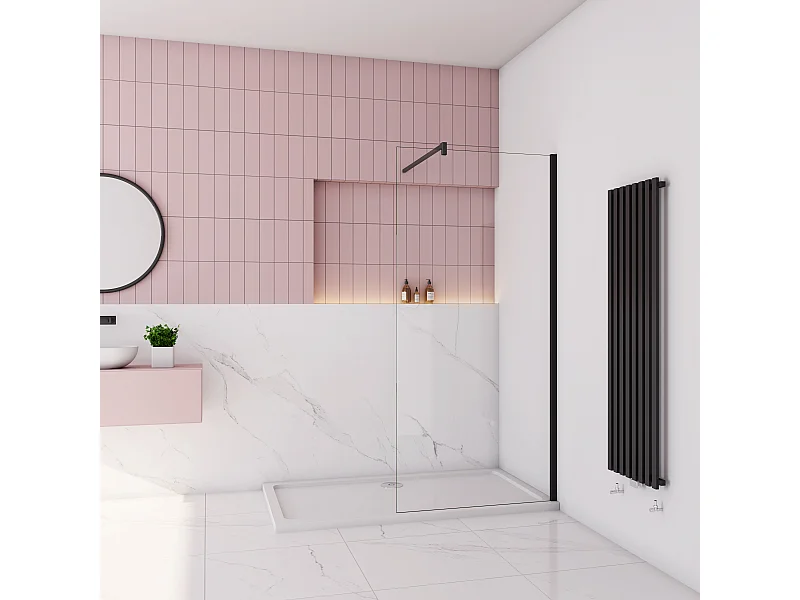 Inloopdouche-douchewand-walk in 10mm NANO EasyClean veiligheidsglas，130x200cm+F-vorm: 90 Stabilisatiestang,mat zwart aluminium profiel.