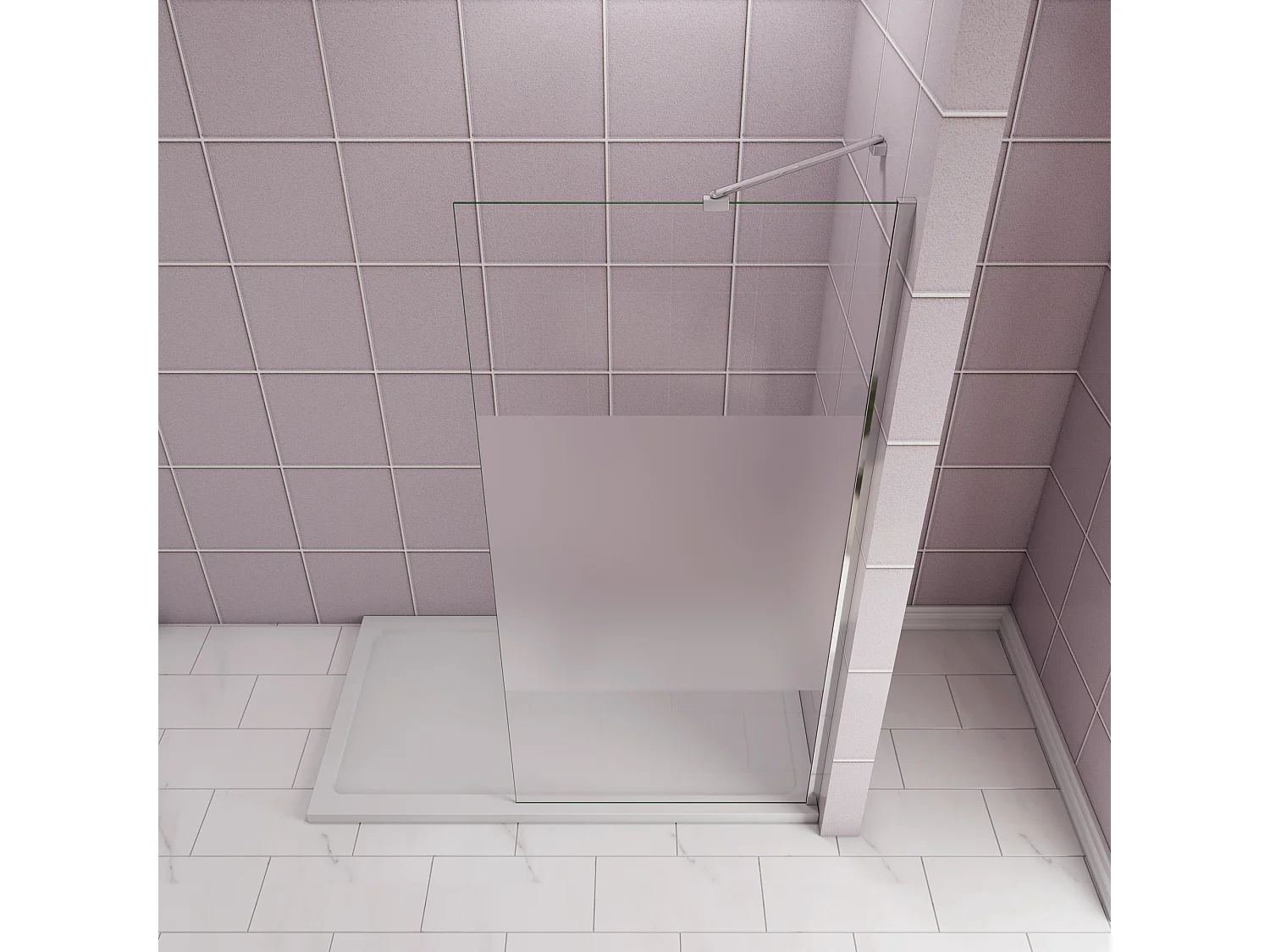 Inloopdouche-douchewand-walk in 70x200 cm,8mm midden wit gematteerd gehard glas met explosieveilige folie+45cm Stabilisatiestang,glanzend chroom profiel