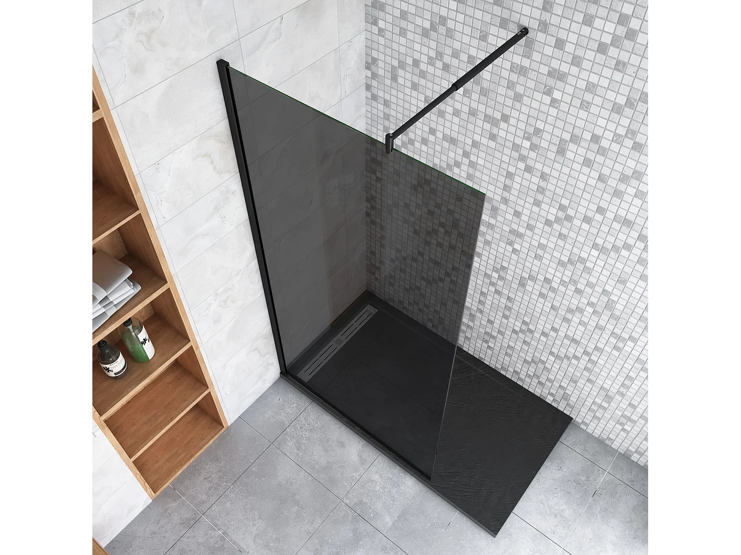 Inloopdouche met zwarte beschermfolie,120x200cm hoog,8mm EasyClean veiligheidsglas,Stabilisatiestang 70-120cm,mat zwart aluminium profiel.