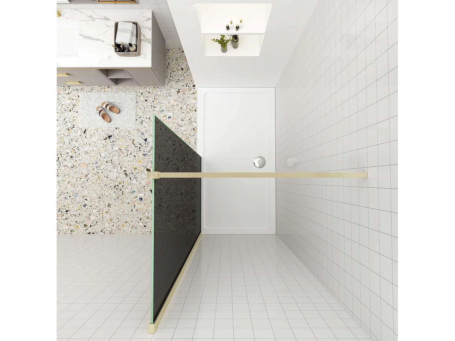 Inloopdouche goud beschermfolie,140x200cm hoog,8mm EasyClean veiligheidsglas,Stabilisatiestang Form:90cm,gouden profiel.