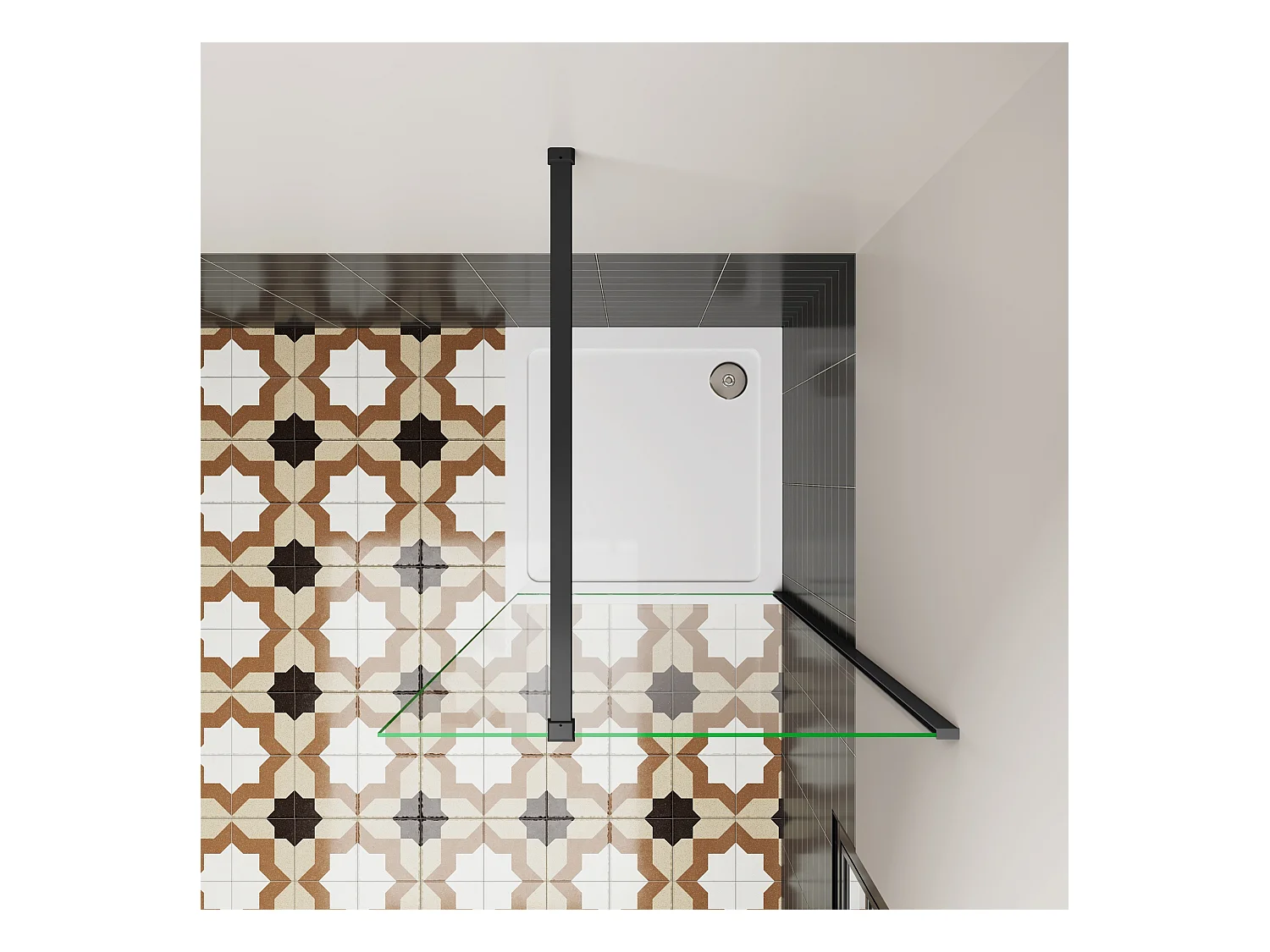 Douchewand Inloopdouche 66x195cm,6 mm helder EasyClean veiligheidsglas,mat zwart aluminium frame,stabilisatorstang 90 cm