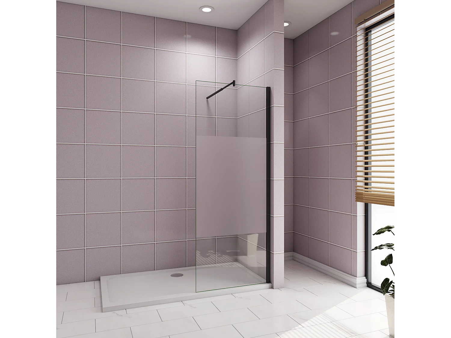 Inloopdouche-douchewand-walk in 110x200 cm,10mm midden wit gematteerd gehard glas met explosieveilige folie+70-120cm Stabilisatiestang,mat zwart aluminium profiel.