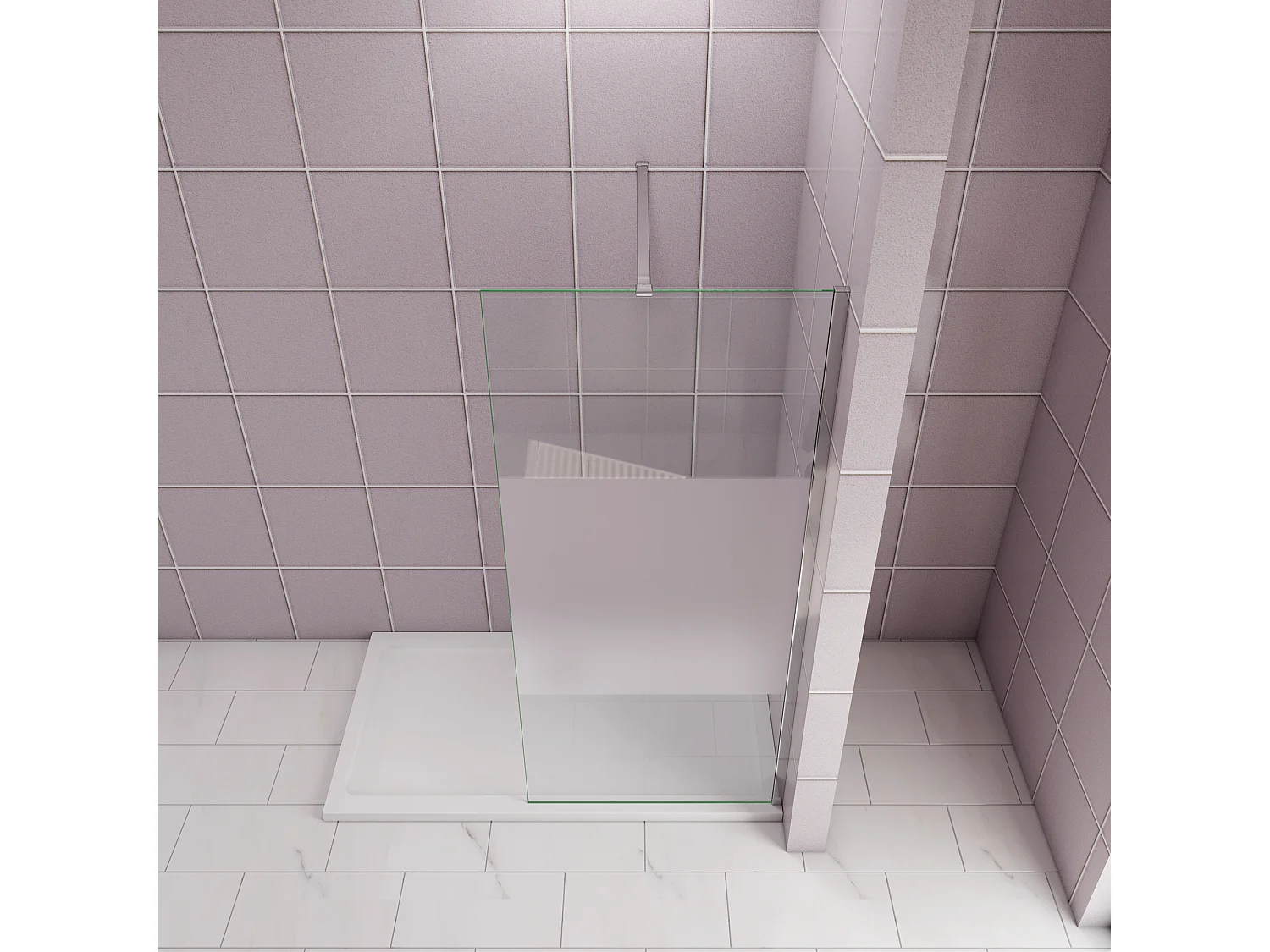 Inloopdouche-douchewand-walk in 90x200 cm,10mm midden wit gematteerd gehard glas met explosieveilige folie+N-vorm: 90 Stabilisatiestang,glanzend chroom profiel