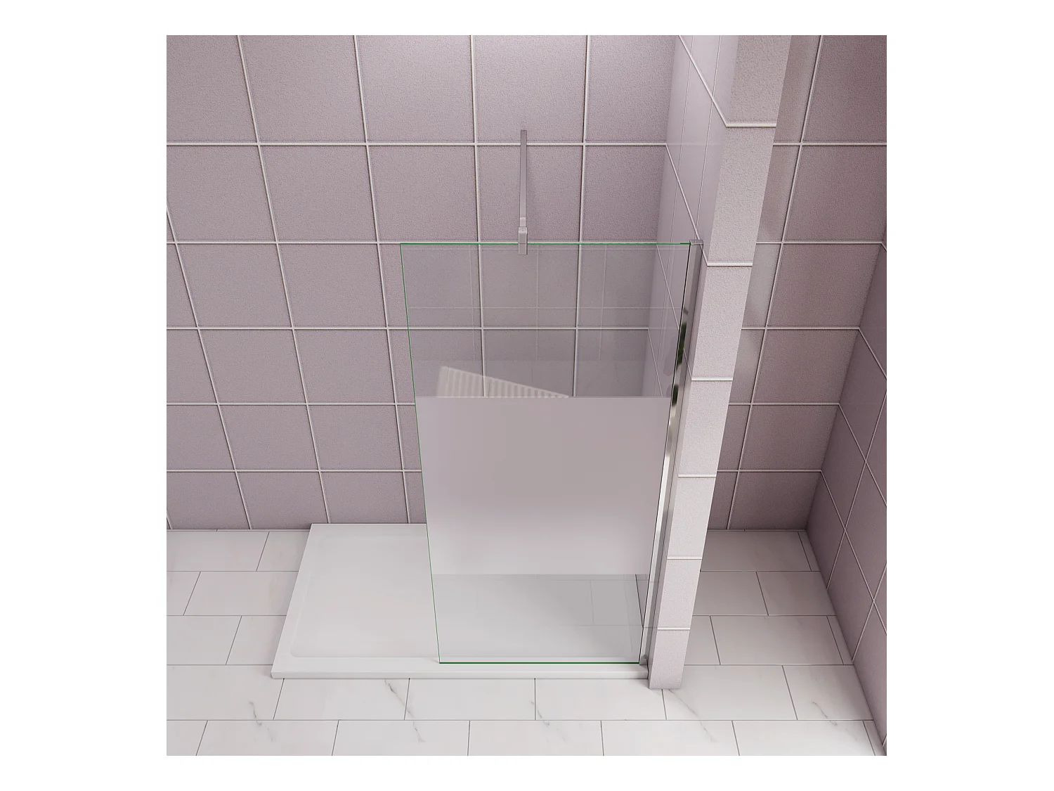 Inloopdouche-douchewand-walk in 85x200 cm,8mm midden wit gematteerd gehard glas met explosieveilige folie+F-vorm: 90 Stabilisatiestang,glanzend chroom profiel