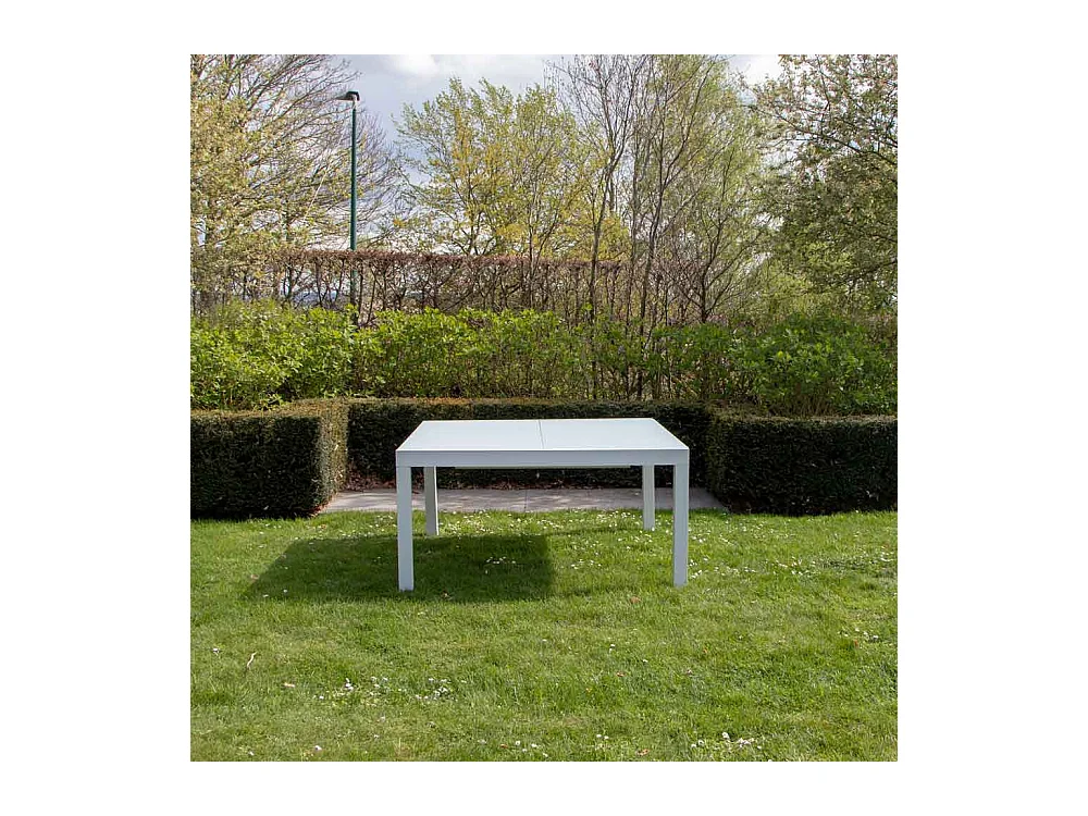 Table WhiteStar 8/12 personnes structure aluminium blanche, plateau en verre poli blanc