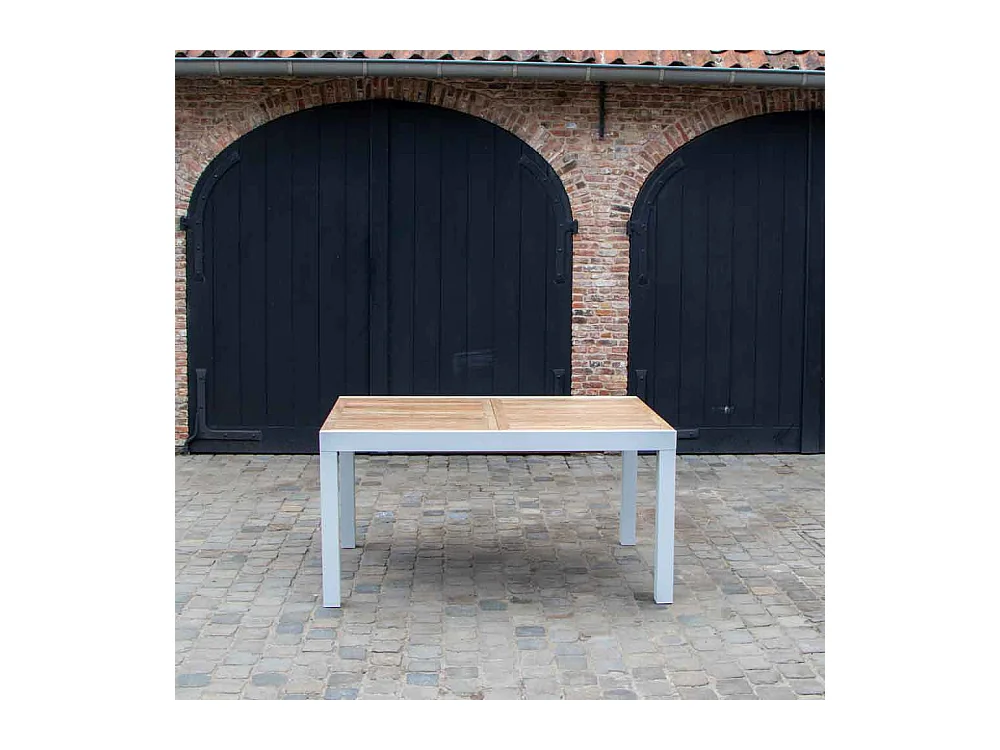 Table BALIteck 6/10 personnes structure aluminium blanche, plateau en lame de Teck