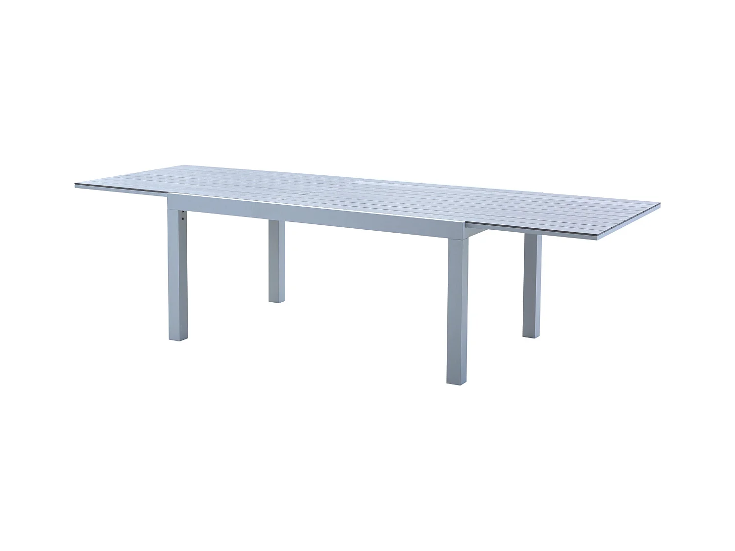 Table Tulum 6/10 personnes structure aluminium blanche, plateau en aluminium décors bois gris