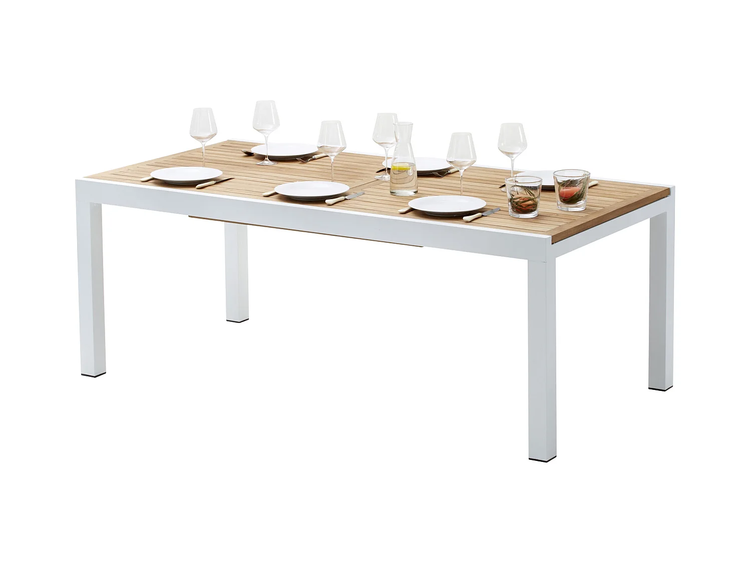 Table BALIteck 8/12 personnes structure aluminium blanche, plateau en lame de Teck