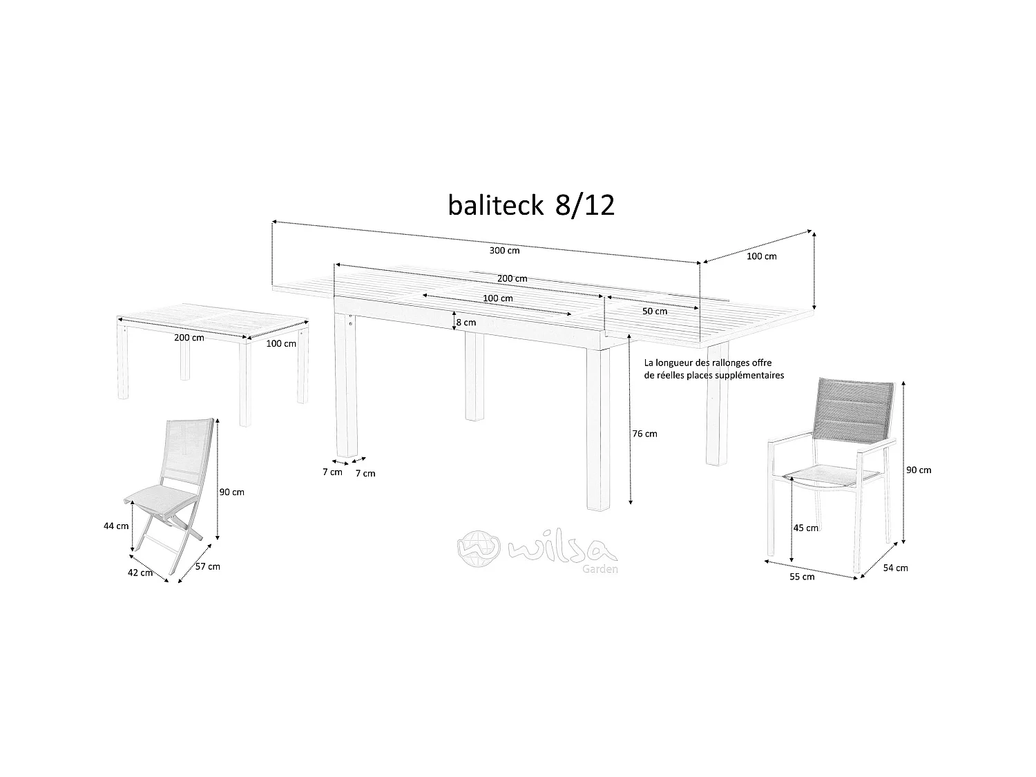 Table BALIteck 8/12 personnes structure aluminium blanche, plateau en lame de Teck