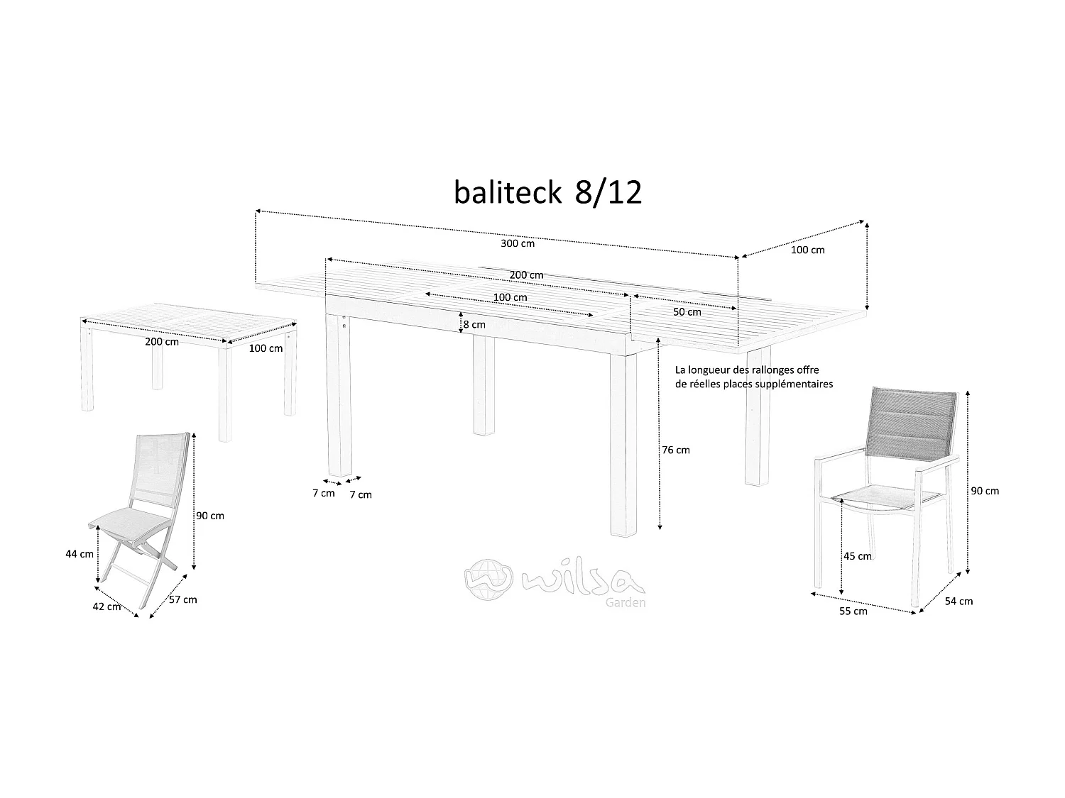 Table BALIteck 8/12 personnes structure aluminium blanche, plateau en lame de Teck