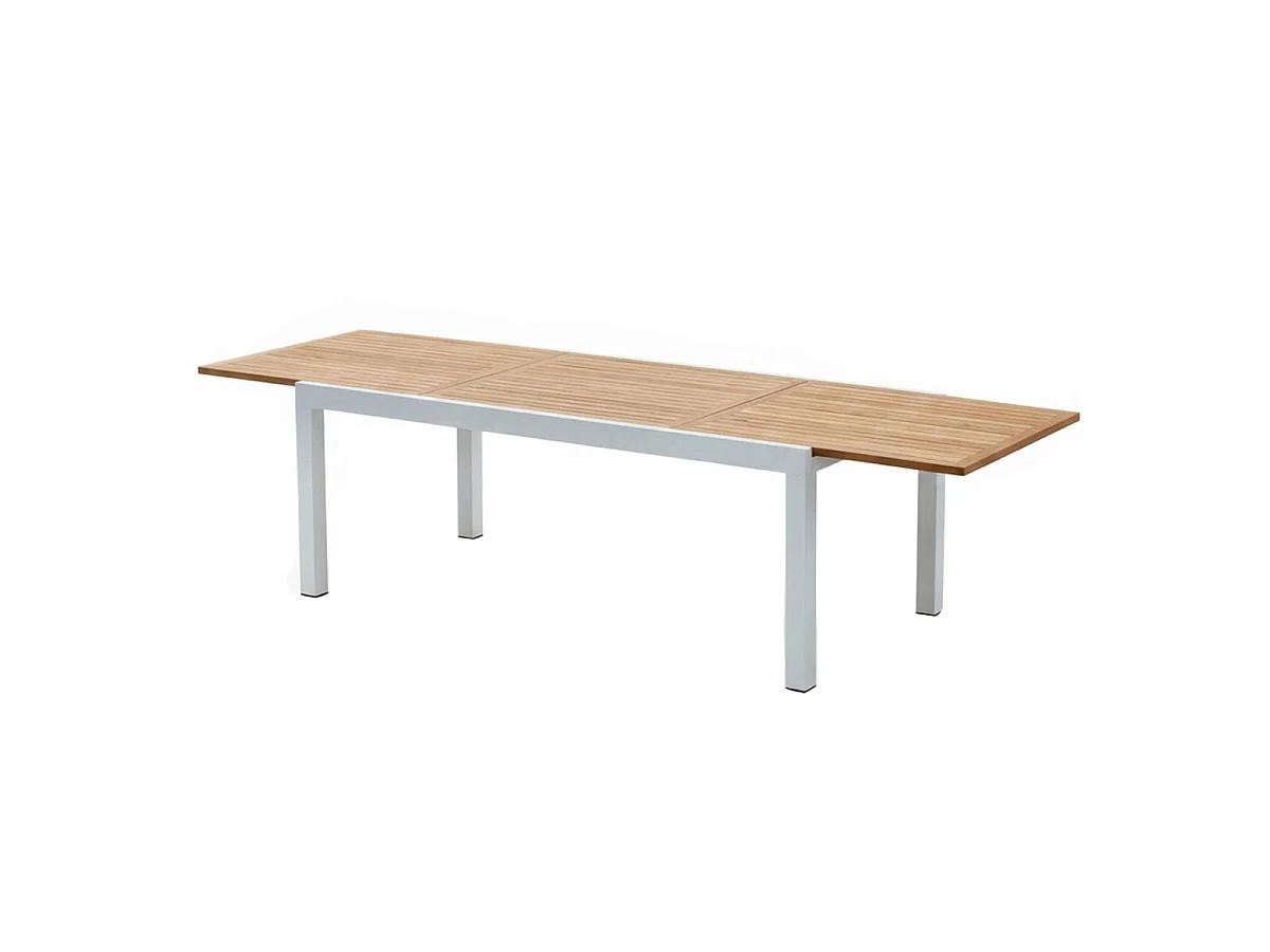 Table BALIteck 8/12 personnes structure aluminium blanche, plateau en lame de Teck