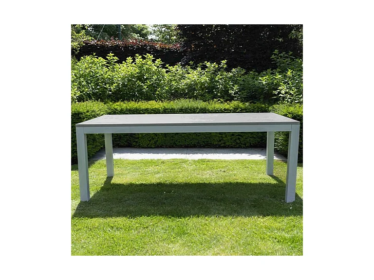 Table Tampa fixe 8 personnes structure aluminium blanche, plateau en aluminium décors bois gris