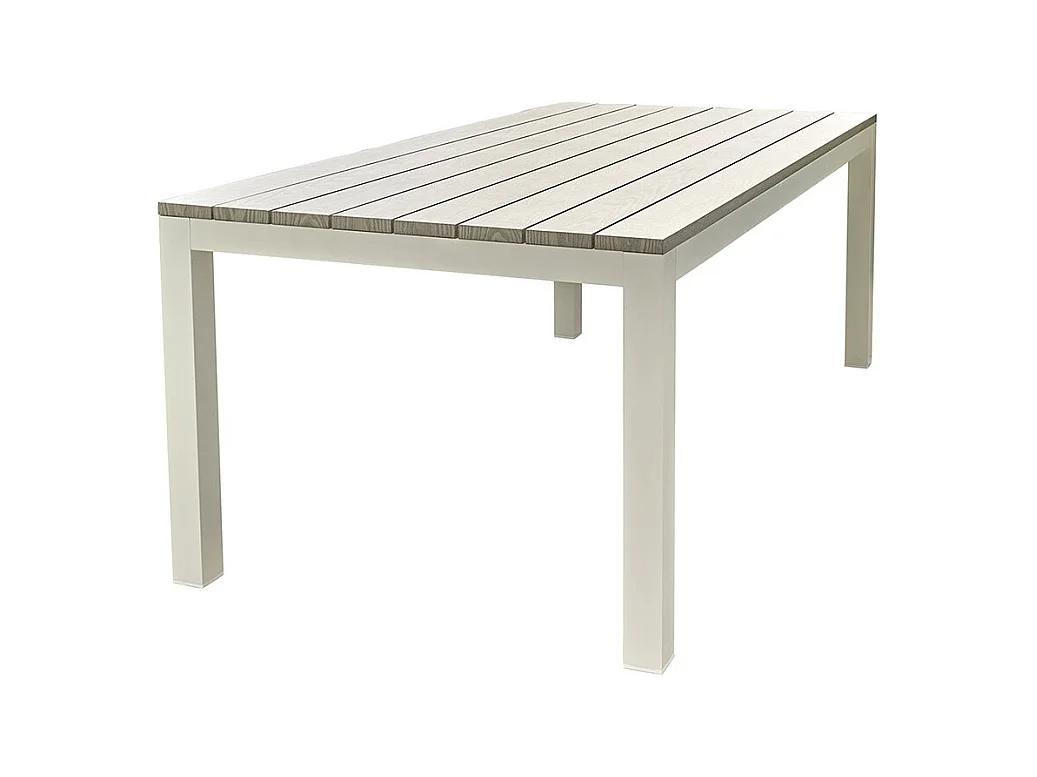 Table Tampa fixe 8 personnes structure aluminium blanche, plateau en aluminium décors bois gris