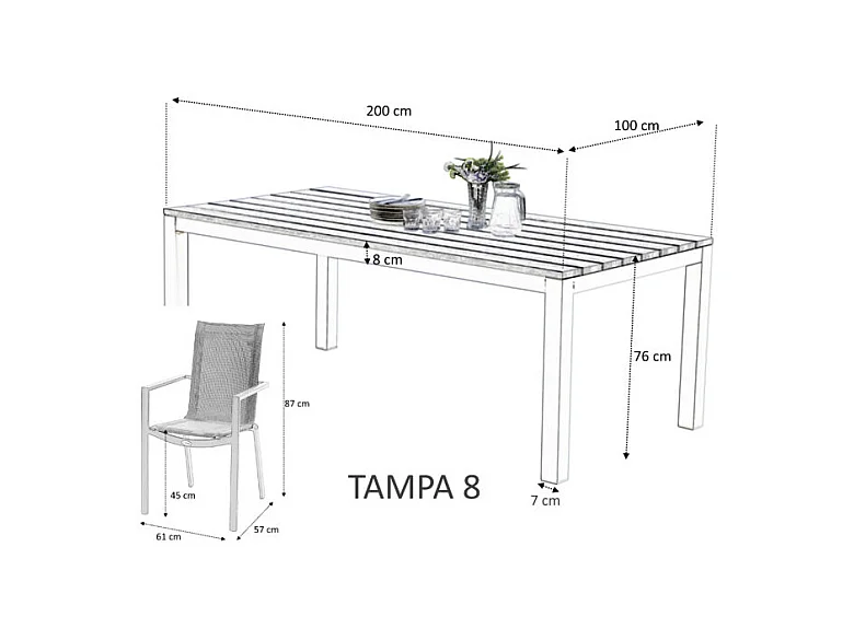 Table Tampa fixe 8 personnes structure aluminium blanche, plateau en aluminium décors bois gris