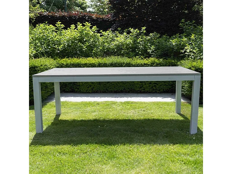 Table Tampa fixe 8 personnes structure aluminium blanche, plateau en aluminium décors bois gris