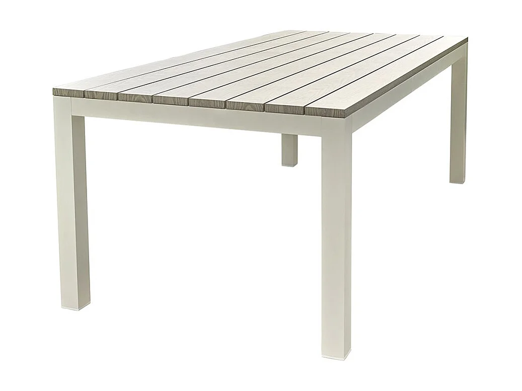Table Tampa fixe 8 personnes structure aluminium blanche, plateau en aluminium décors bois gris