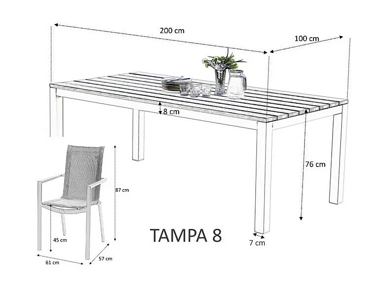 Table Tampa fixe 8 personnes structure aluminium blanche, plateau en aluminium décors bois gris