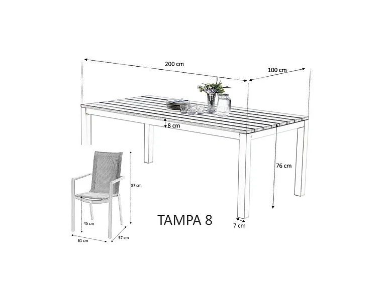 Table de jardin aluminium 8 places décor bois fixe TAMPA