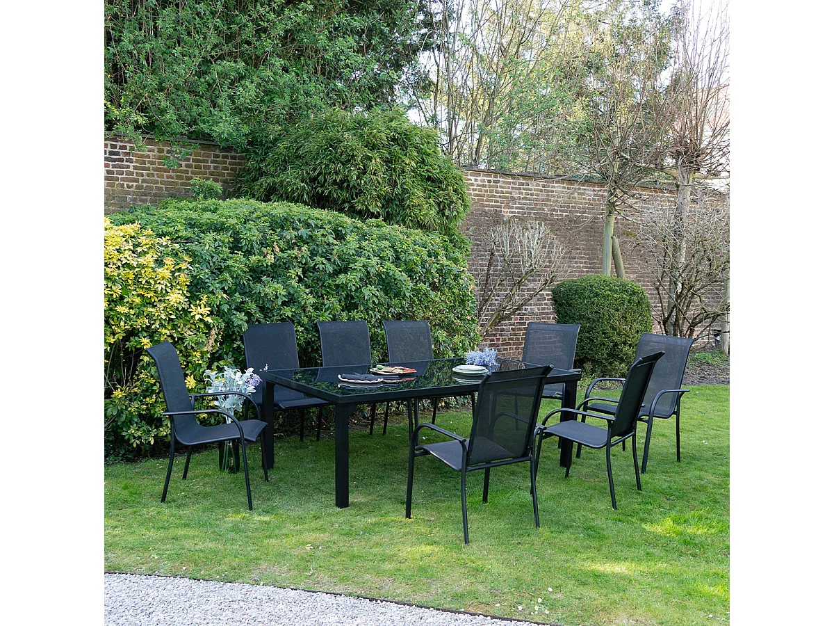 Table BlackEdition 8 places structure en aluminium noire et verre trempé opaque
