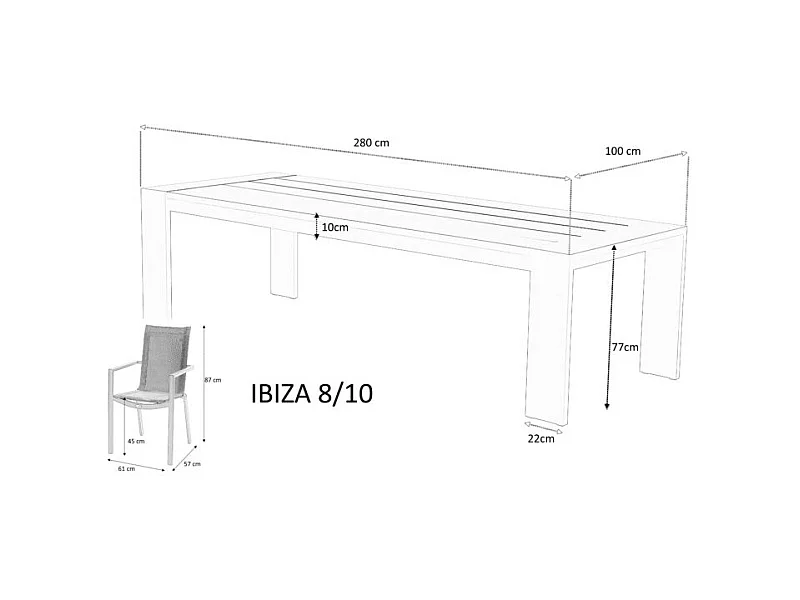 Table Ibiza fixe 8/10 personnes structure aluminium noir, plateau en aluminium Noir