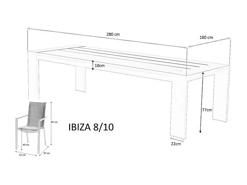 Table Ibiza fixe 8/10 personnes structure aluminium noir, plateau en aluminium Noir
